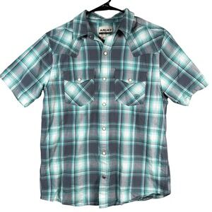 Ariat Harrington Retro Snap Short Sleeve Shirt Men Small Plaid Blue Pearl Snap‎